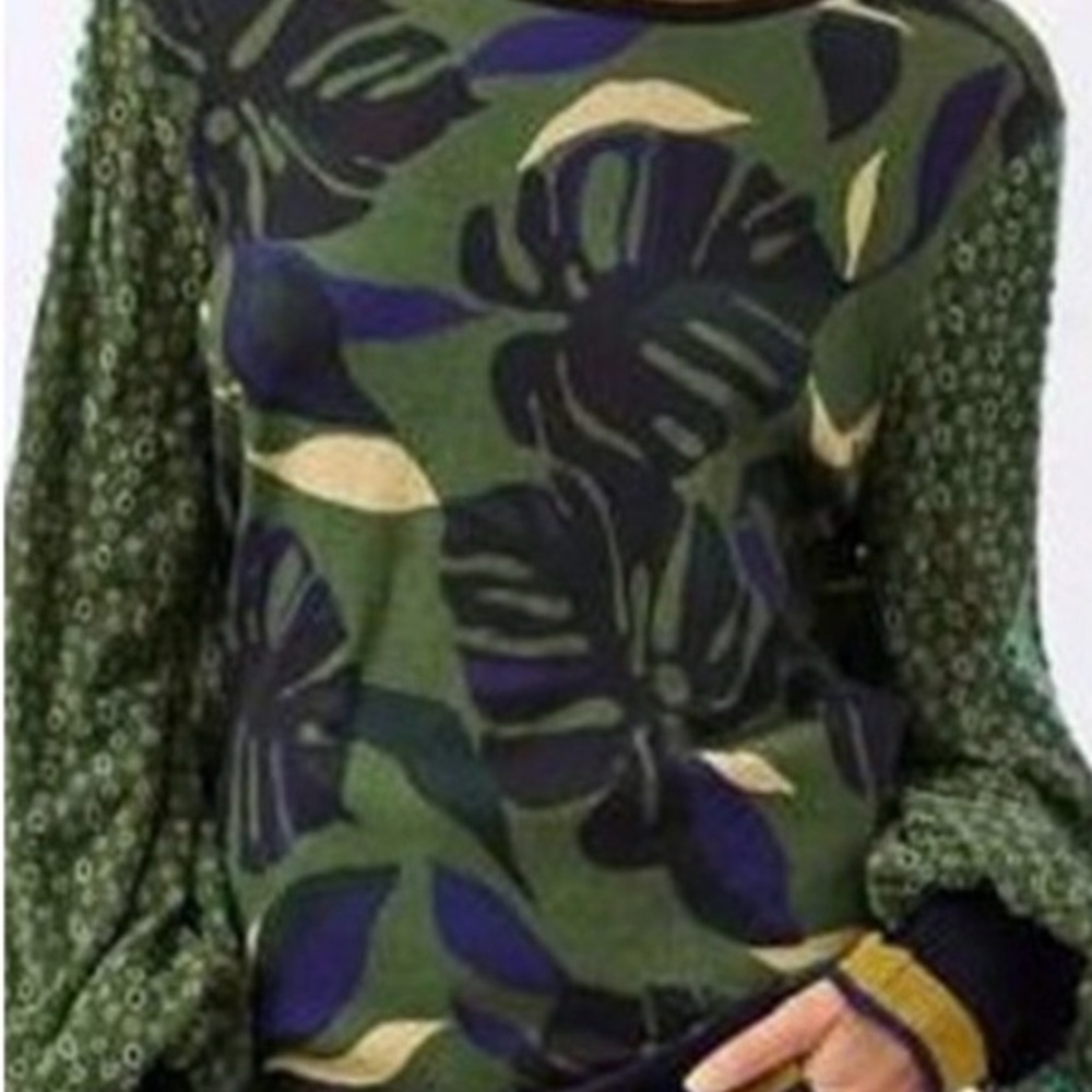Bl^nk London Anthropologie Monstera Green Long Sleeve Blouse Sweater size Small